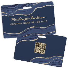 Crachá Mármore Azul Naval Ágata Geodo Código QR Nome Empr
