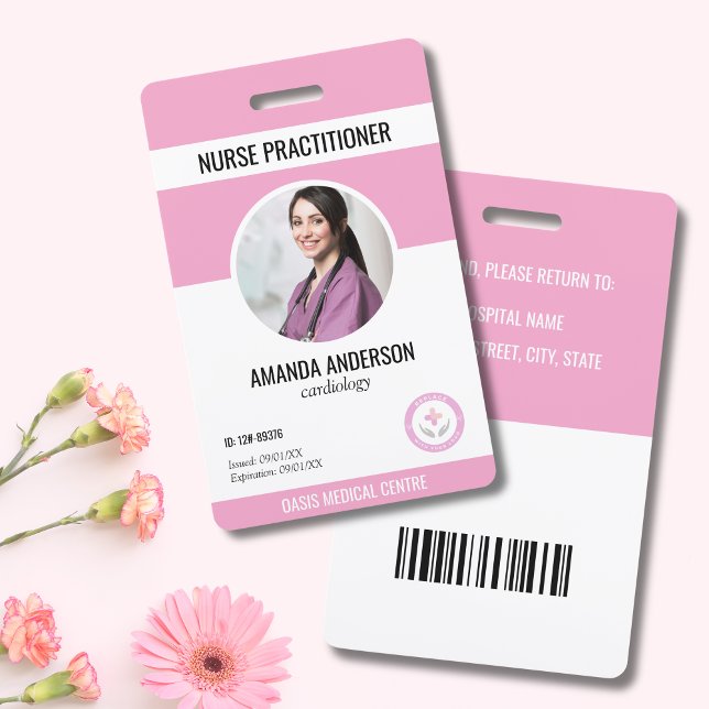 Crachá Médico Hospitalar Empregado Rosa Código de  (Pink Medical ID Employee Hospital Badge)