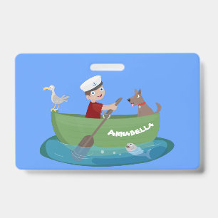 Crachá Menino marinheiro fofo e cachorro remando barco de