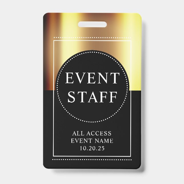 Crachá Metálico Dourado Preto para Equipe de Event (Frente)