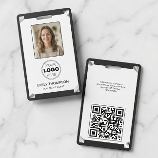 Crachá Minimalist Art Deco Black White Photo Logo QR