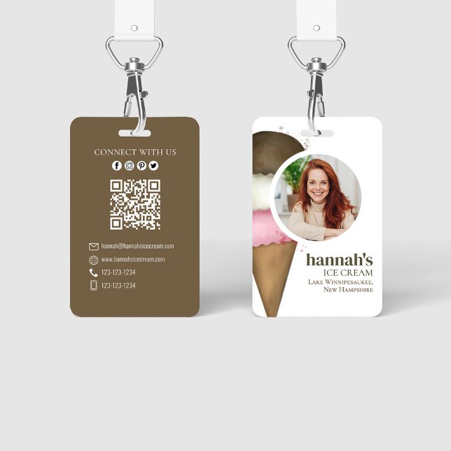 Crachá Modelo de Foto do Código QR do Sorvete de Negócio (Business photo ID Badge, ice cream shop.)