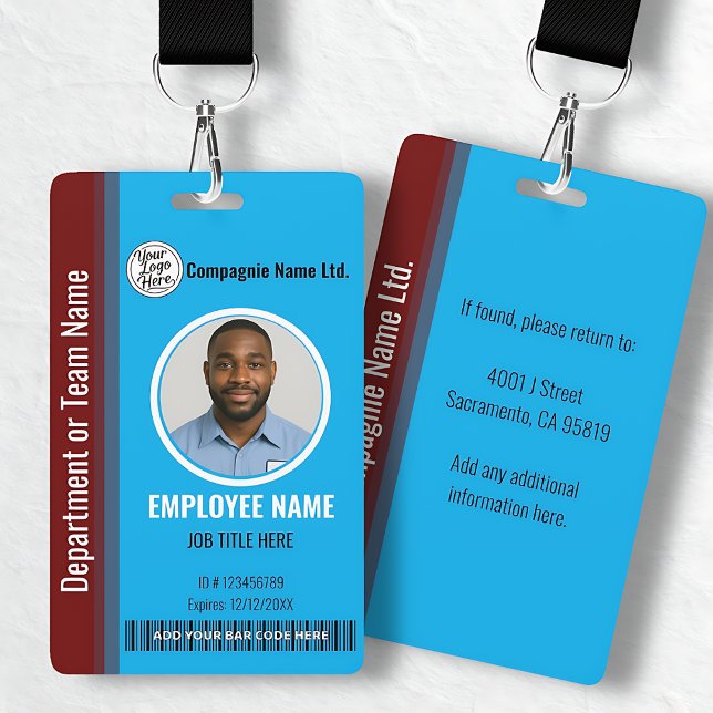 Crachá Modern Blue & Maroon Employee Professional ID (Modern Blue & Maroon Employee Professional ID Badge)