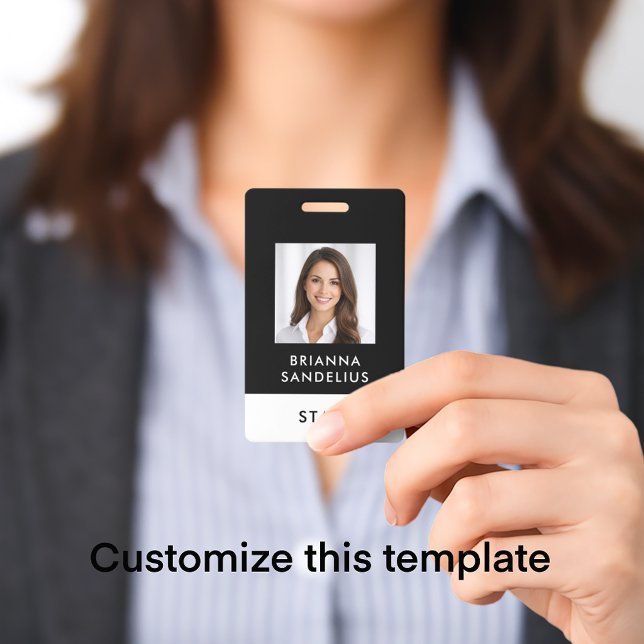 Crachá Modern Custom Script Black & White Photo ID Name (Personalize this ID badge template with your photo and name and custom text. Modern black & white.
)