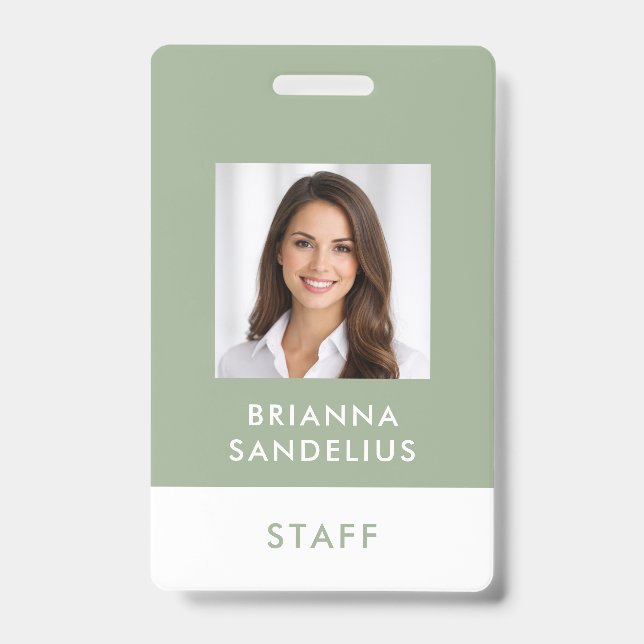Crachá Modern Custom Script Sage Green Photo ID Name (Frente)