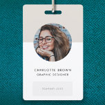 Crachá Modern ID Card | Minimalist Gray Photo Name Logo<br><div class="desc">Simple, stylish corporate ID badge which can easily be personalized with your employee's ID photo, name, position, company logo, business details and QR code or barcode. The stylish design features modern minimalist typograhy and a block banner in stone gray to stand out from the crowd. The image shown is for...</div>