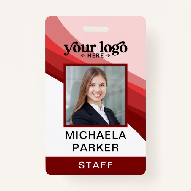 Crachá Modern Red Business Logo Employee Photo ID Badge (Frente)