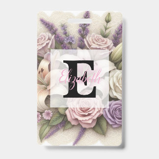 Crachá Monogram lace floral purple roses lavender lilies 