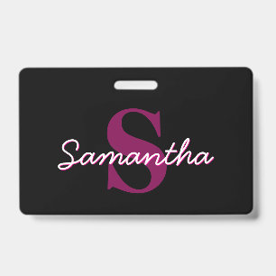 Crachá Monograma de letra cursiva rosa e preto personaliz