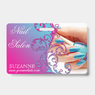 Crachá Nail Salon Technician Floral Damask Pink Blue 