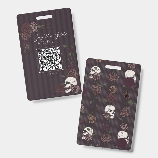 Crachá Noiva Caveira Bebida QR Burgundy Profundo (Frente e verso)