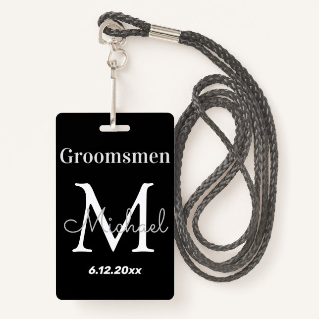 Crachá noivos personalizados elegantes casamento preto (Frente com cordão)