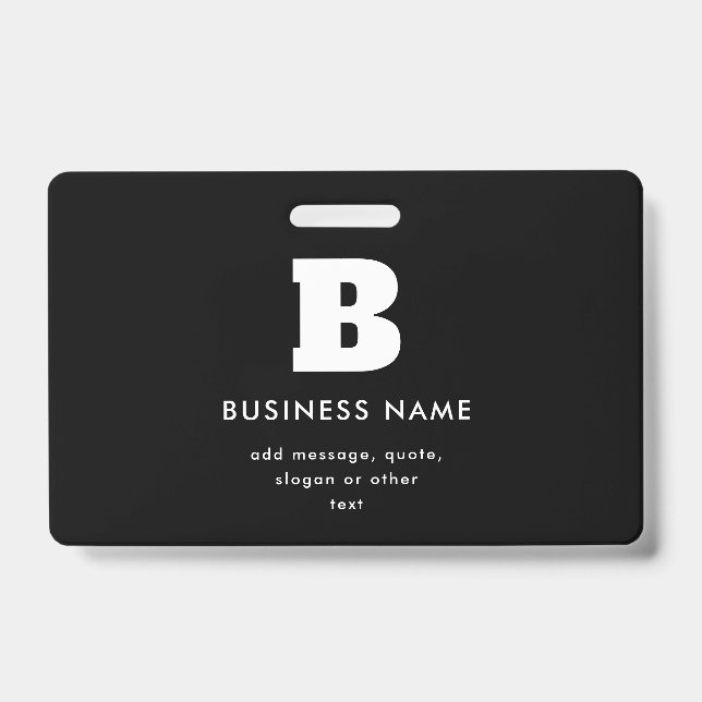 Crachá Nome comercial e slogan editáveis | Preto e Branco (Frente)