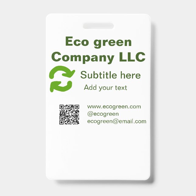 Crachá Nome da empresa verde eco código q r site e-mail d (Frente)