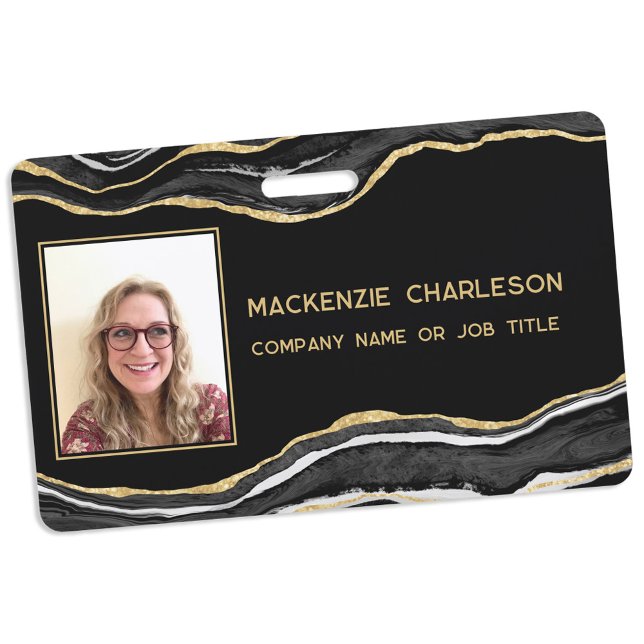 Crachá Nome da Foto Comercial Dourada Geode Agate de Marb (Black agate marble geode gold effect business photo id name badge)