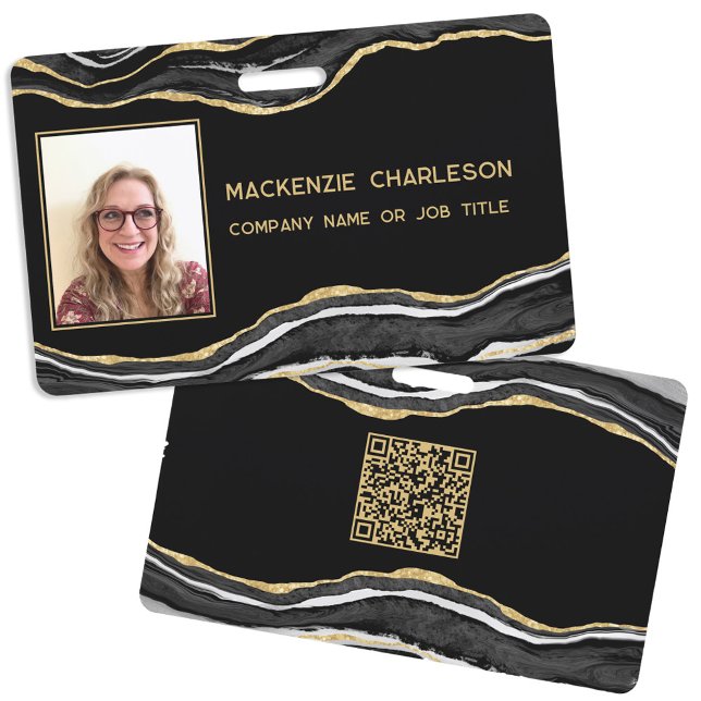 Crachá Nome de Foto do Código QR do Geode Agato de Marble (Black marble agate geode gold glitter effect business photo id name badge with QR code)