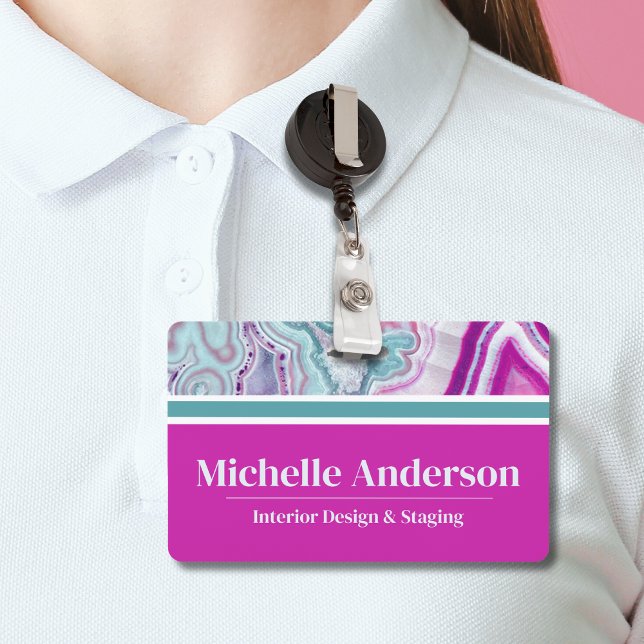 Crachá Nome de negócios elegante moderno (Cute Monogram Initial Teal Magenta Agate Name Badge)