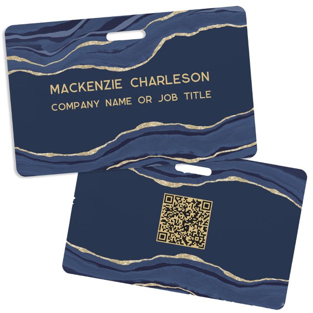 Crachá Nome do Código QR Comercial Geodo de Ágata Mármore (Navy blue gold marble agate geode professional business QR code name id badge)