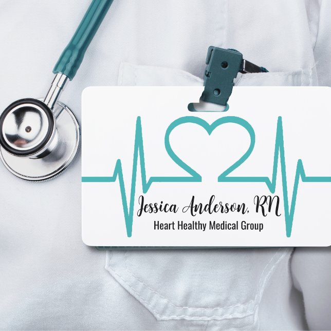 Crachá Nome do Consultório Médico Funcionário (Heart Beat Health Doctor Office Nurse Medical Name Badge)