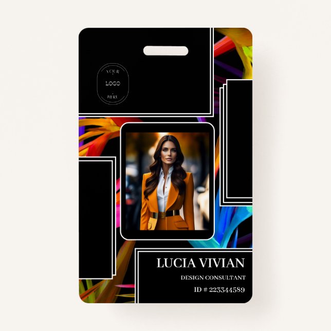 Crachá Nome do Funcionário de Foto Tropical Preta Colorid (Frente)