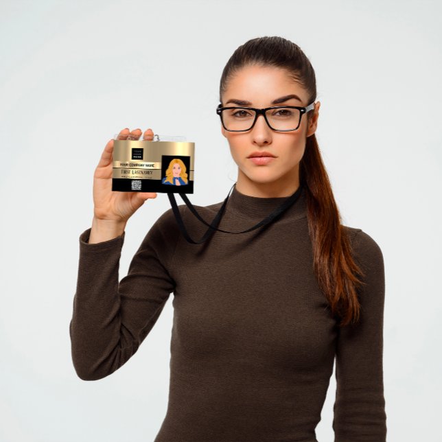 Crachá Nome do logotipo Código de barras do funcionário S (Employee Barcode Logo Name Scanner Black Gold Lux Badge)