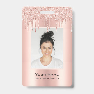 Crachá Nome em Dourado Rosa com Efeito Glitter Personaliz