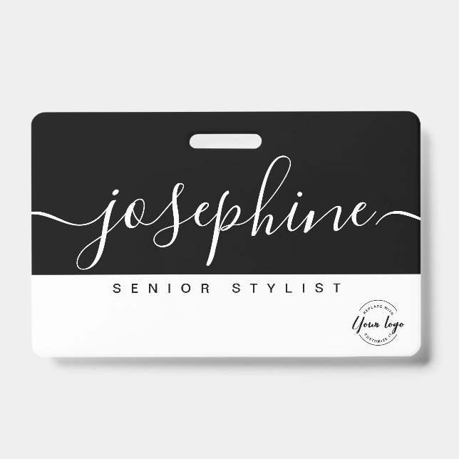 Crachá Nome Personalizado Script Bonito Preto Branco (Frente)