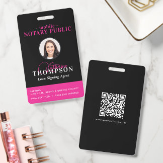 Crachá Notary Signing Agent Black Pink Photo QR Code