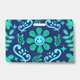 Crachá Padrão de Floral e Símbolo Solar em Estilo Retro A