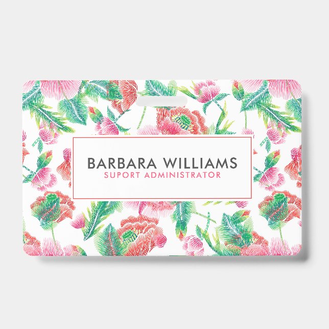 Crachá Padrão de Folhetos Verdes das Flores Rosa Girly (Front)