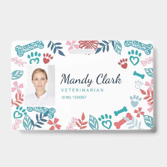 Crachá Padrão de Impressão de Pata de Estimação Floral &  (Frente)