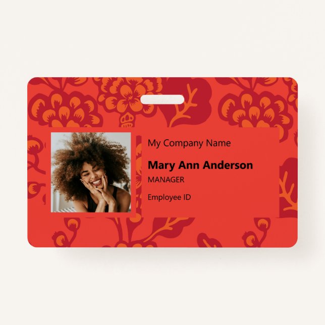 Crachá Padrão Floral Vermelho e Laranja Vibrante e Negrit (Frente)
