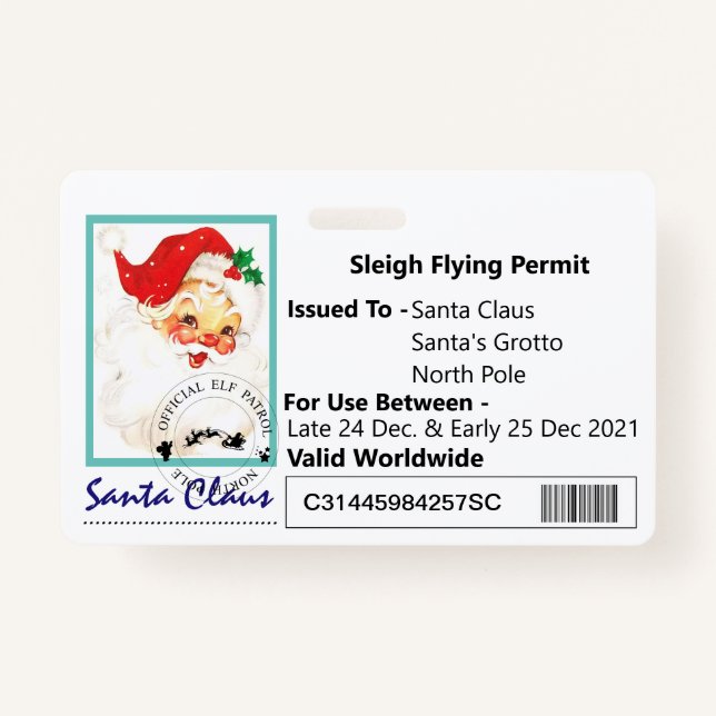 Crachá Papai noel Sleigh Driving License Para Crianças (Frente)