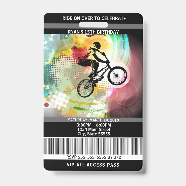 Crachá Passagem do VIP do convite do aniversário de BMX (Frente)