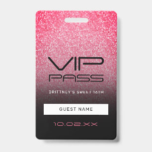 Crachá Passagem VIP Sweet 16 Rosa Preto Ombre Brilho B