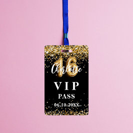 Crachá Passaporte VIP de festa Sweet 16 dourado preto