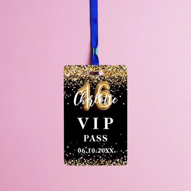 Crachá Passaporte VIP de festa Sweet 16 dourado preto (Criador carregado)