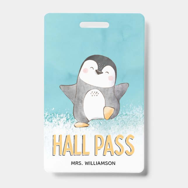 Crachá Passe de Corredor Pinguim Fofo Professor de Sala d (Frente)