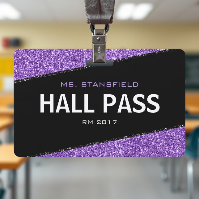 Crachá Passe de Professores da Escola de Brilho Negro e R (Black & Purple Glitter School Teacher Hall Pass Badge
)