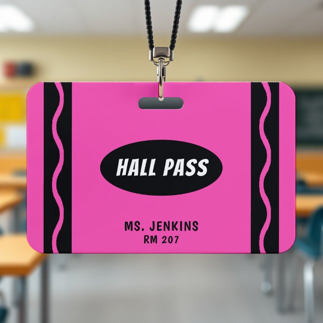 Crachá Passe de Sala de Aula do Professor de Crayon Rosa (Pink Crayon Teacher Student Classroom Hall Pass Badge
)