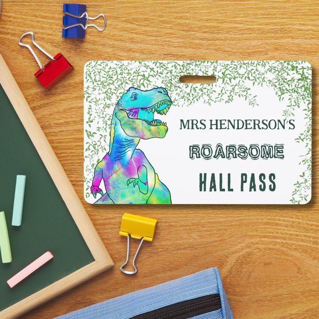 Crachá Passe Escolar Professor Sala de Aula Dinossauro Ru (T-rex dinosaur school teacher personalized hall pass colorful tyrannosaurus roarsome green script)