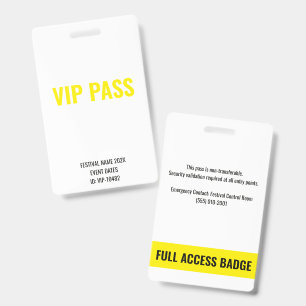 Crachá Passe VIP Acesso Total Festival de Música Amarelo 