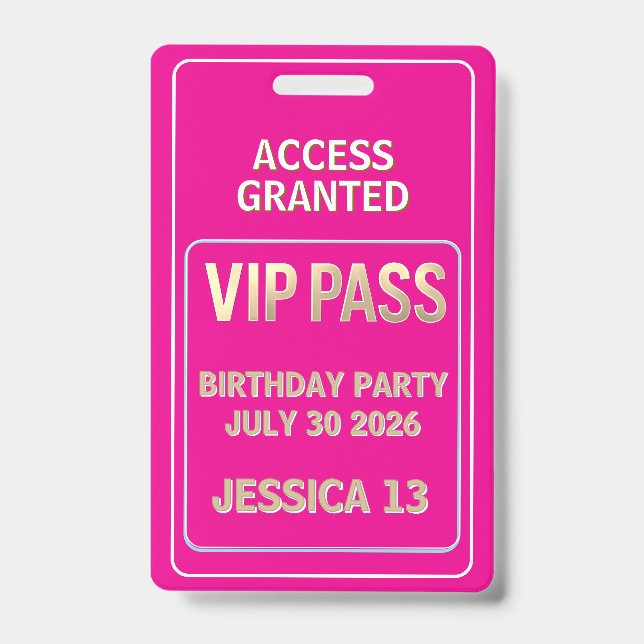 Crachá Passe VIP aniversário de adolescente (Frente)