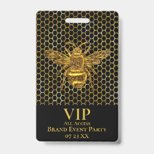 Crachá Passe VIP Elegante Abelha Rainha Preta Dourada Bri