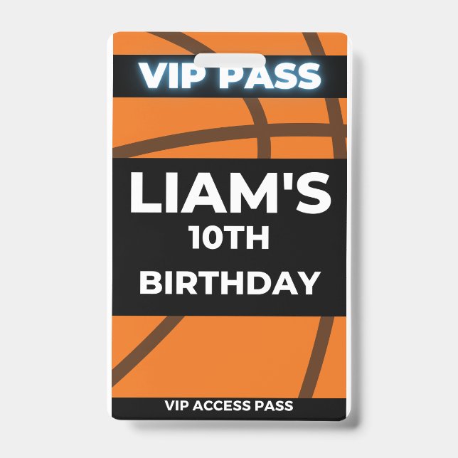 Crachá Passe VIP para Festa de Aniversário de Basquete (Frente)