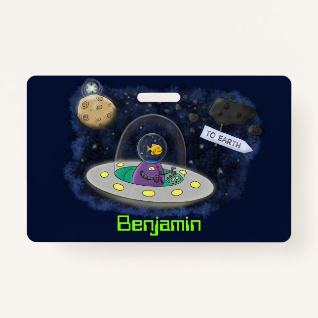 Crachá Peixe feliz bonito com ilustração de desenho espac (Frente)