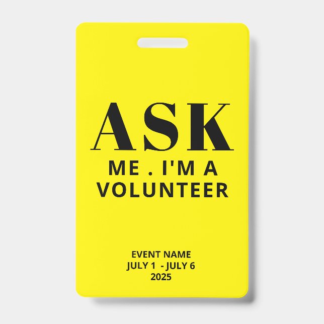 Crachá Pergunte-me Voluntário Amarelo (Frente)