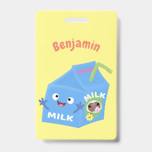 Crachá Personagem de desenho animado de caixa de leite fe