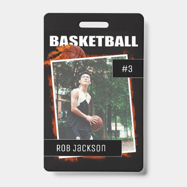 Crachá personalizado com foto de basquete em chama (Frente)