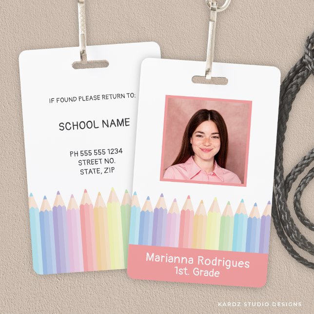 Crachá Personalizado com Nome de Professor Arco-ír (Front and back of ID shown. Personalize with your photo and information. Choose attachment type.)